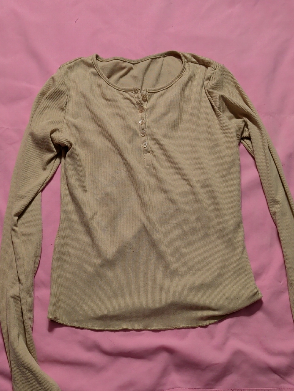 Ribbed Henley Long Sleeve Top‎ in Light Tan